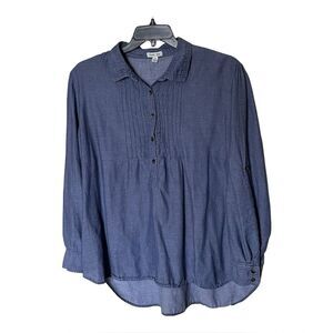 Per Se 100% Cotton Pullover Denim Chambray Top Shirt with Tab Sleeves Size 2X